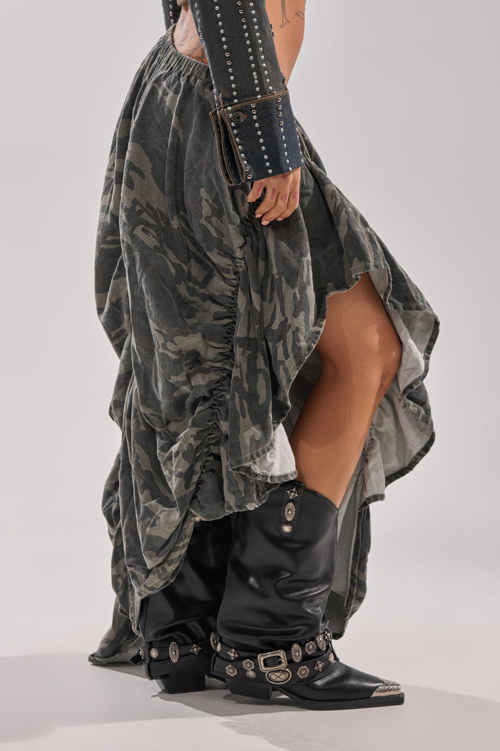 LETS CHANGE IT UP RUCHED MIDI SKIRT IN CAMO Product Image