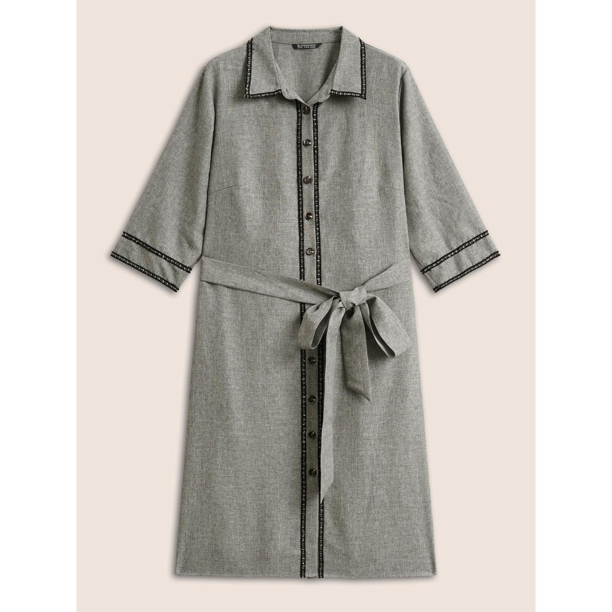 Plus Size Shirt Collar Patchwork Contrast Belted Dress Gray Women At the Office Non Shirt collar Elbow-length sleeve Curvy Midi Dress BloomChic 26/4X Product Image