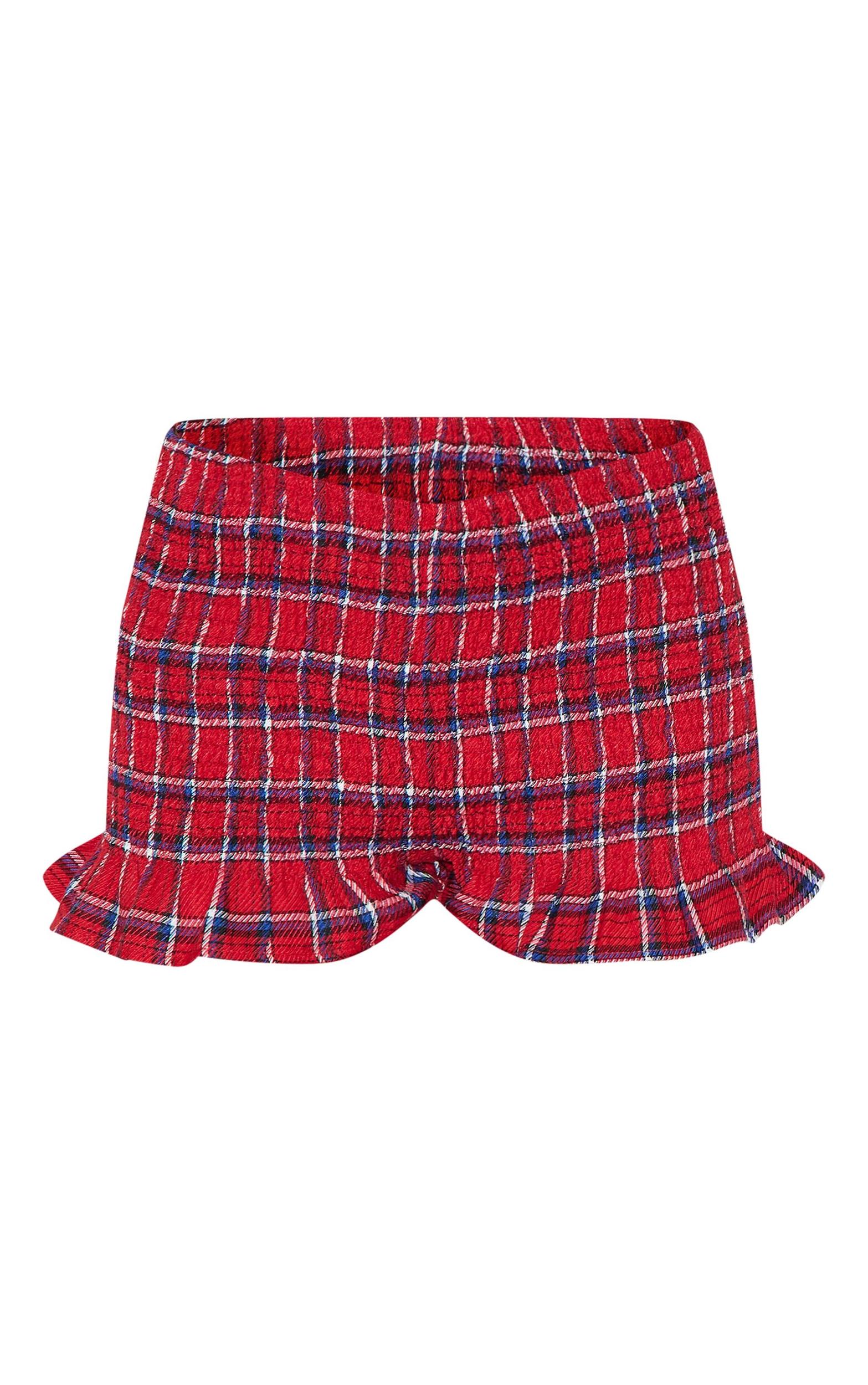 Red Checked Print Shirred Frill Hem Mini Shorts Product Image
