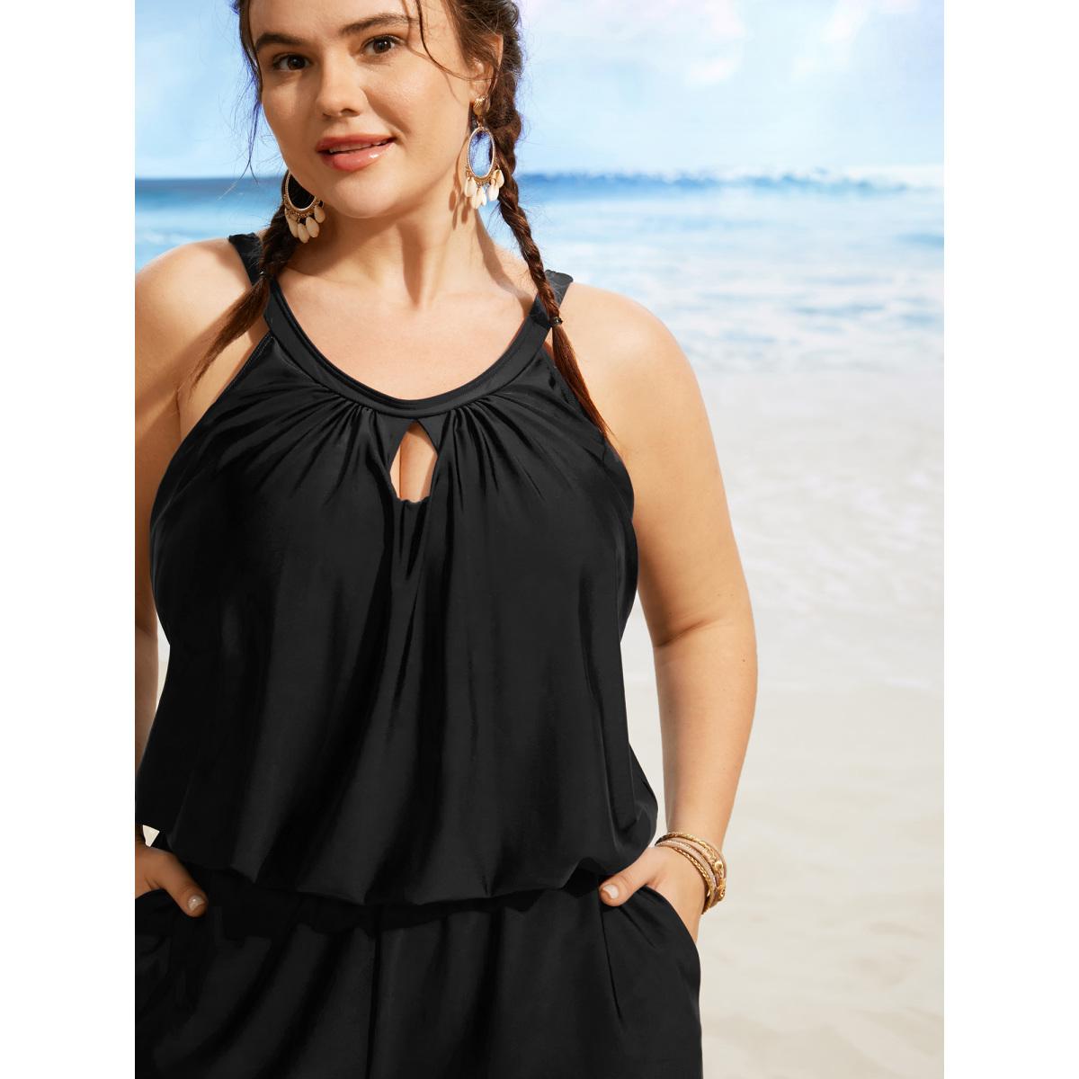 Plus Size Solid Keyhole Elastic Waist Gathered One Piece Swimsuit Women's Swimwear Black Resort Gathered Curve Bathing Suits High stretch One Pieces BloomChic 30/6X Product Image