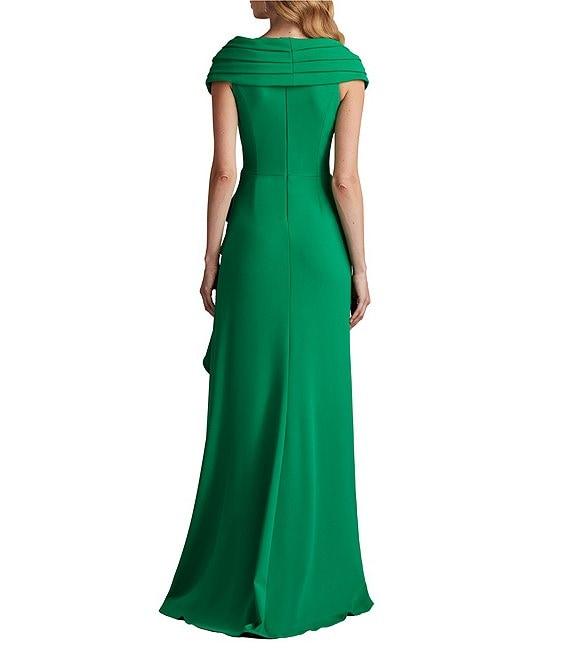 Tadashi Shoji Pleated Portrait Collar Ruffle Front Crepe Sheath Gown Product Image