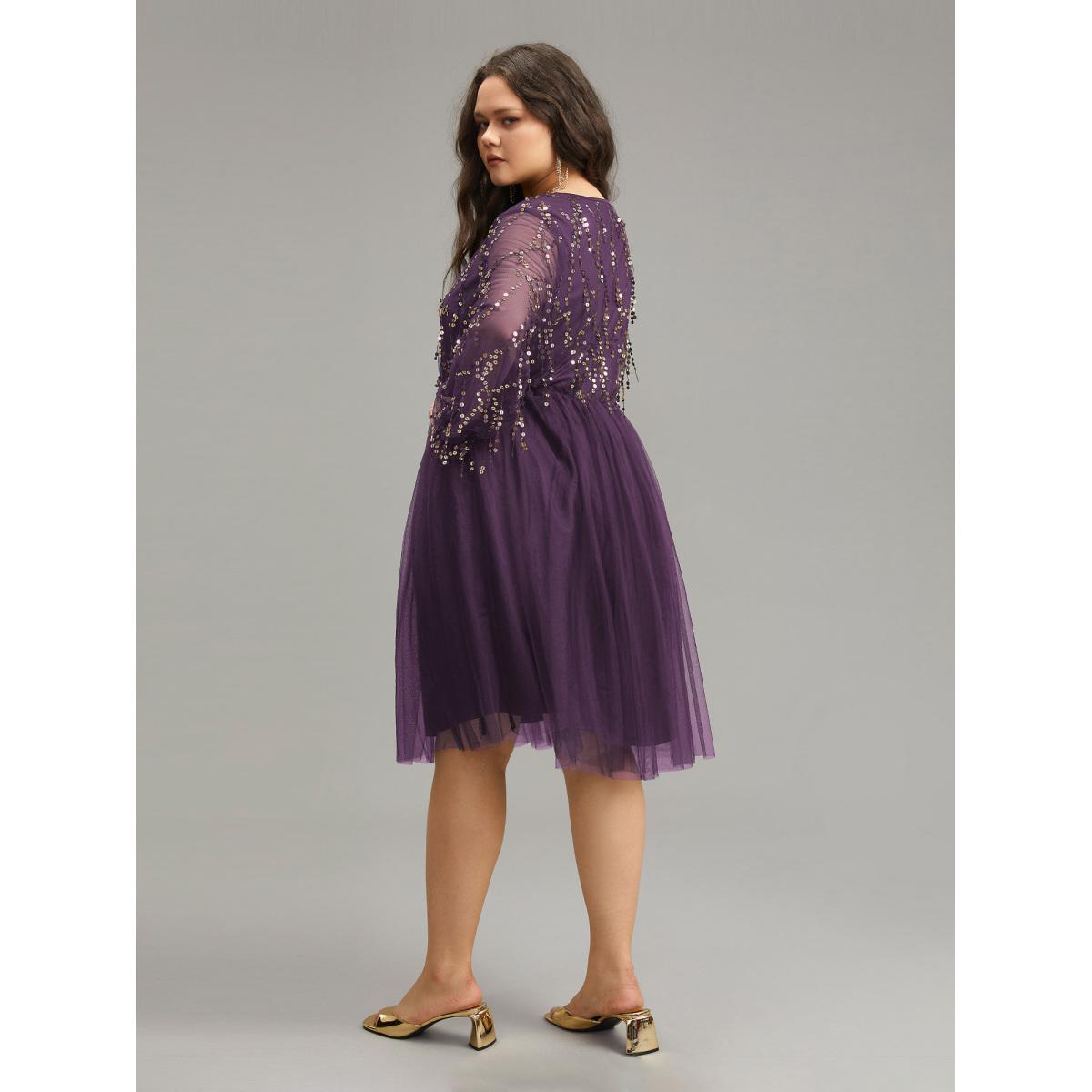 Plus Size Sequin Mesh Patchwork Tassel Dress DarkBlue Women Cocktail Gathered Overlap Collar Long Sleeve Curvy Knee Dress BloomChic 26/4X Product Image