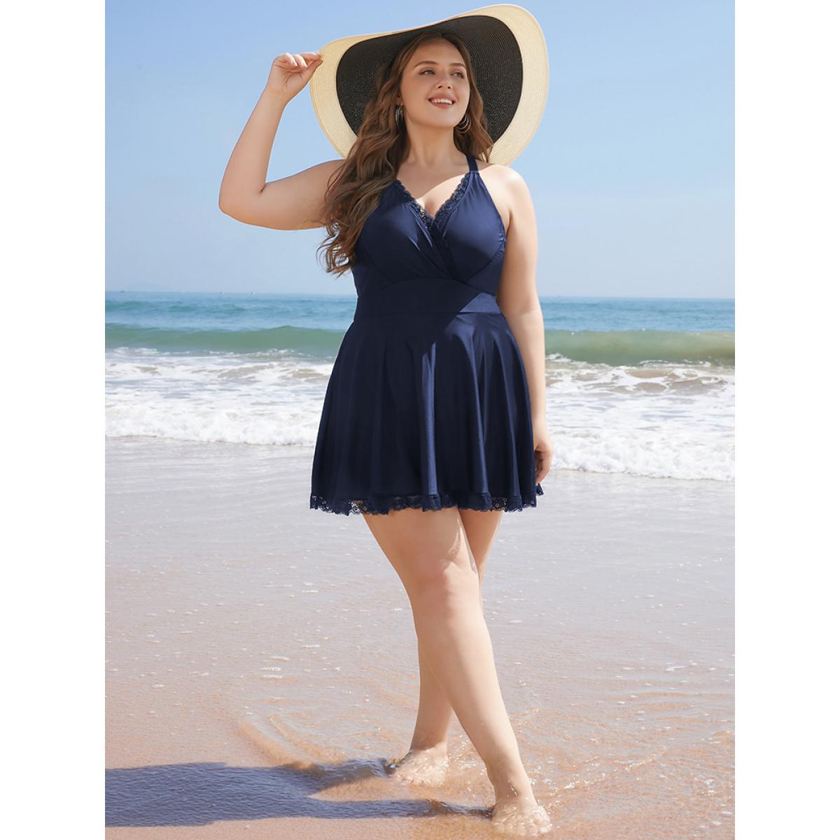 Plus Size Lace Trim Wrap Crossover Back Ruffles Swim Dress Women's Swimwear Indigo Vacation Bodycon High stretch Curve Swim Dresses BloomChic 14-16/1X Product Image