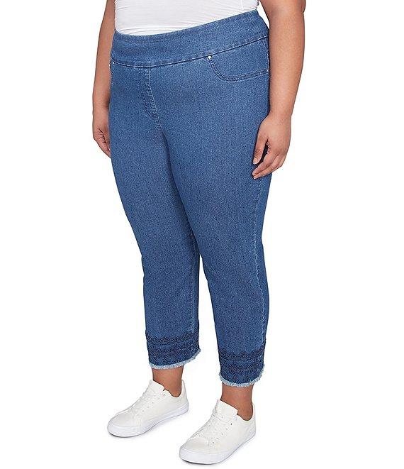 Ruby Rd. Plus Size Straight Leg Embroidered Frayed Hem Pull-On Ankle Pants Product Image