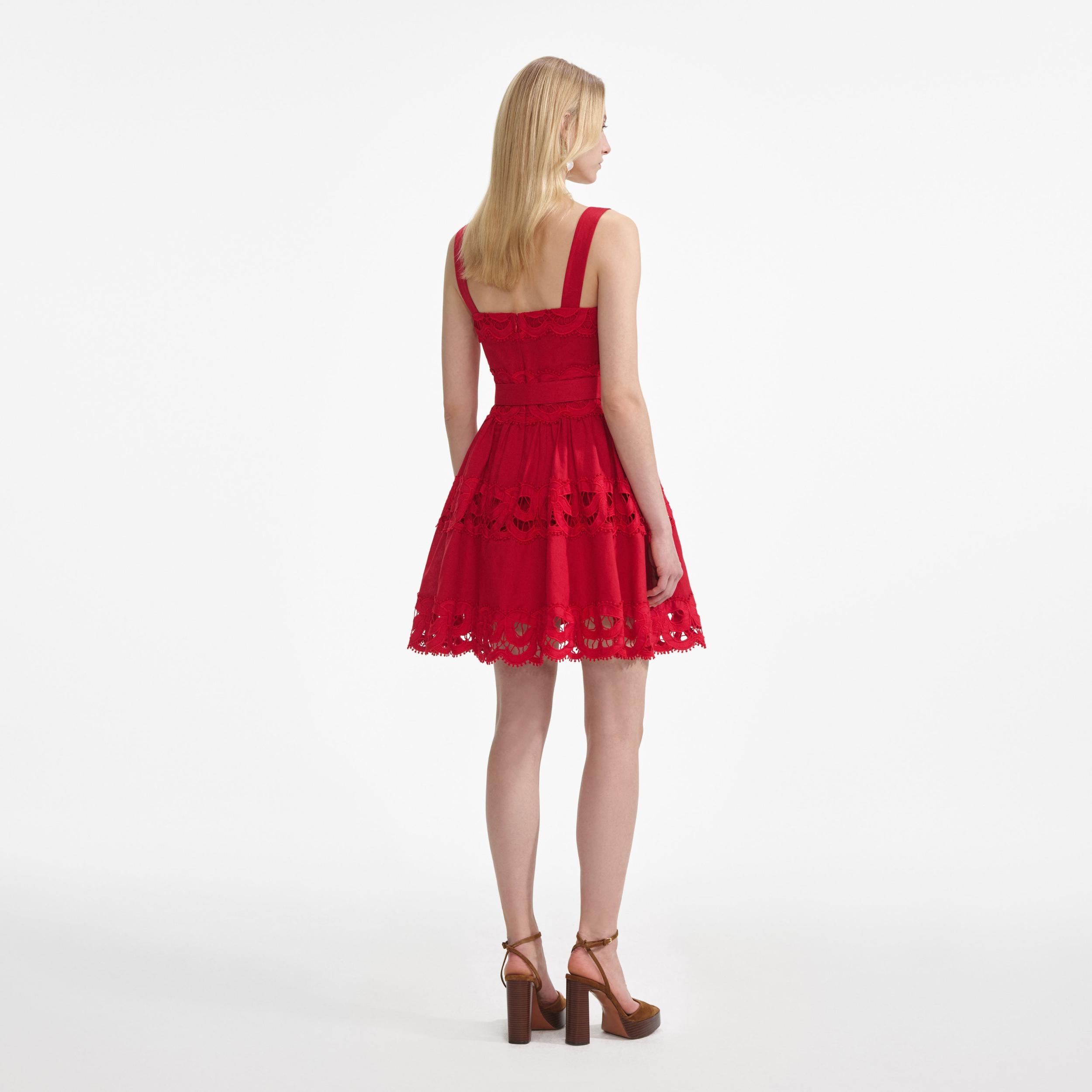 Red Linen Lace Insert Mini Dress Product Image