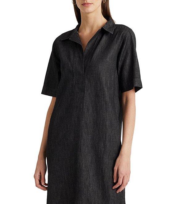 Lauren Ralph Lauren Denim Shift Johnny Collar Short Sleeve Shirt Dress Product Image