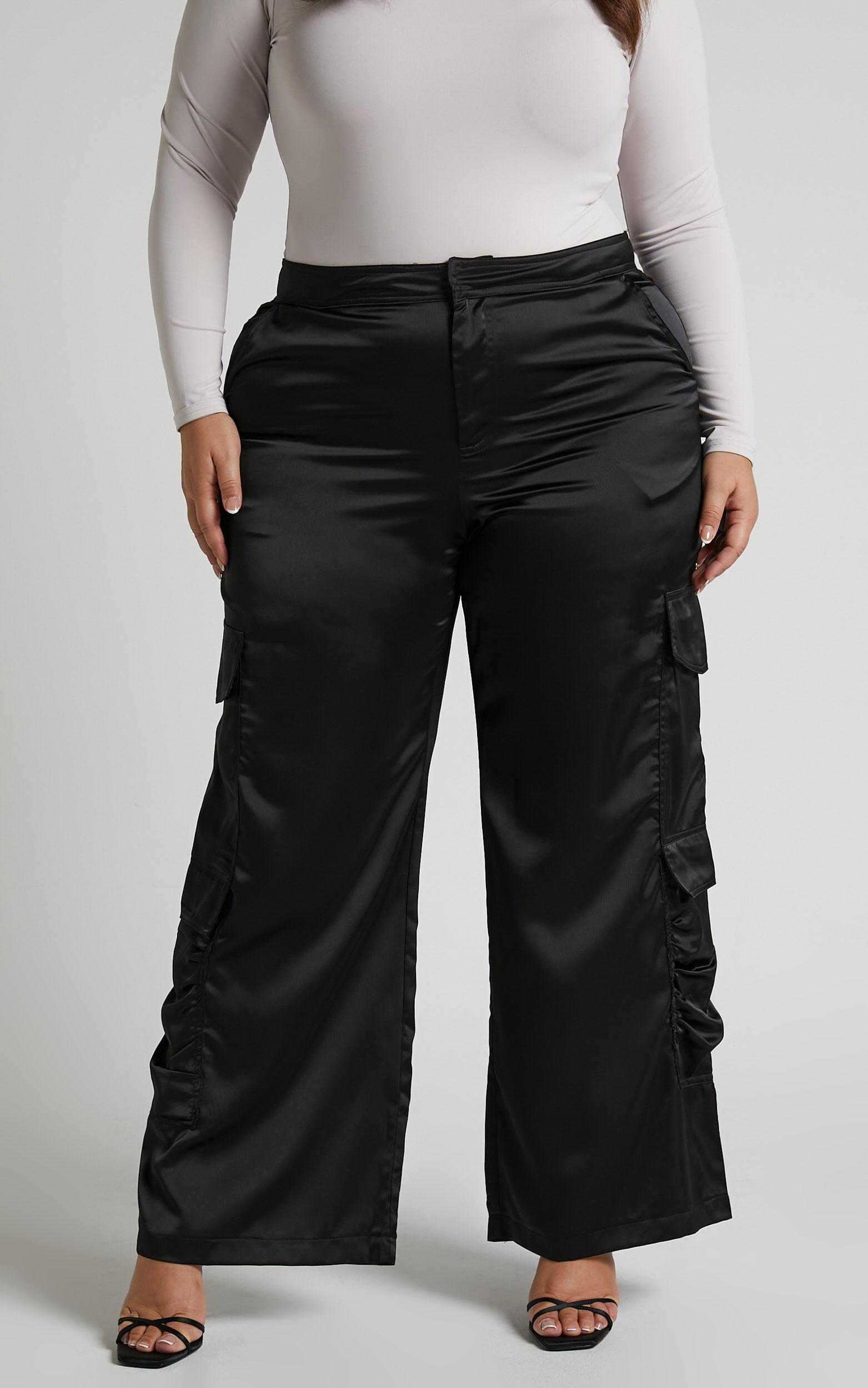 Saori Pants - Mid Rise Satin Cargo Pants in Black Product Image
