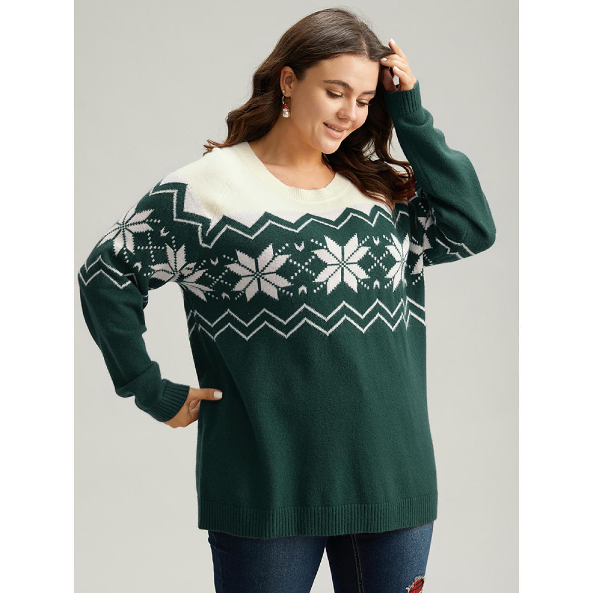 Plus Size Supersoft Essentials Snowflake Colorblock Pullover DarkGreen Women Casual Loose Long Sleeve Round Neck Festival-Christmas Pullovers BloomChic 10/M Product Image