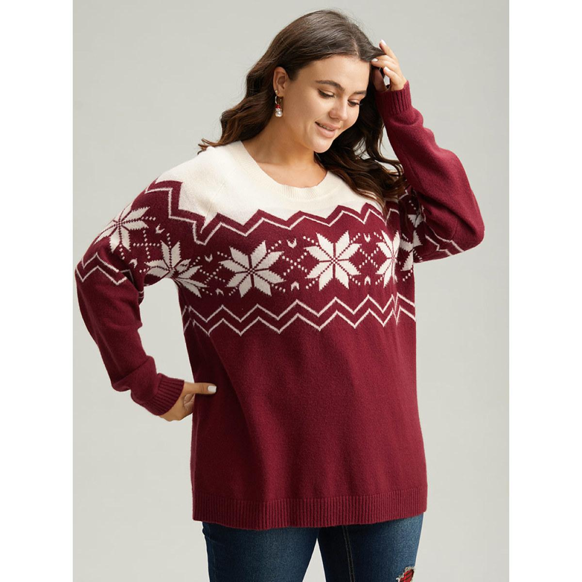 Plus Size Supersoft Essentials Snowflake Colorblock Pullover Scarlet Women Casual Loose Long Sleeve Round Neck Festival-Christmas Pullovers BloomChic 18-20/2X Product Image