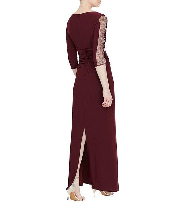 Ignite Evenings Petite Size Boat Neck 3/4 Embellished Sleeve Ruched Waist Sheath Dress Product Image