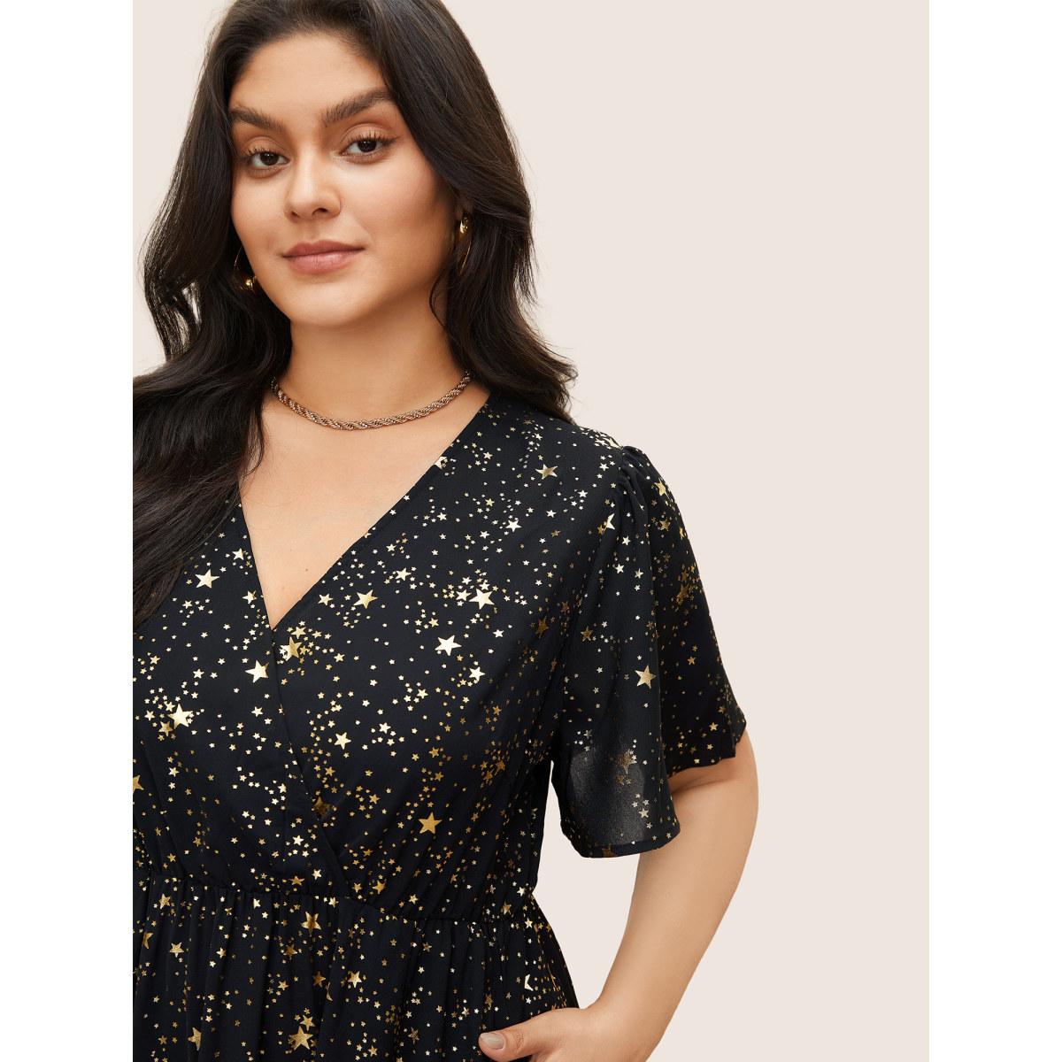 Moon and Star Galaxy Print Plus Size Dress Women Party Pocket Ruffle Sleeve Short Sleeve V Neck Pocket Going out Long Dress BloomChic Product Image