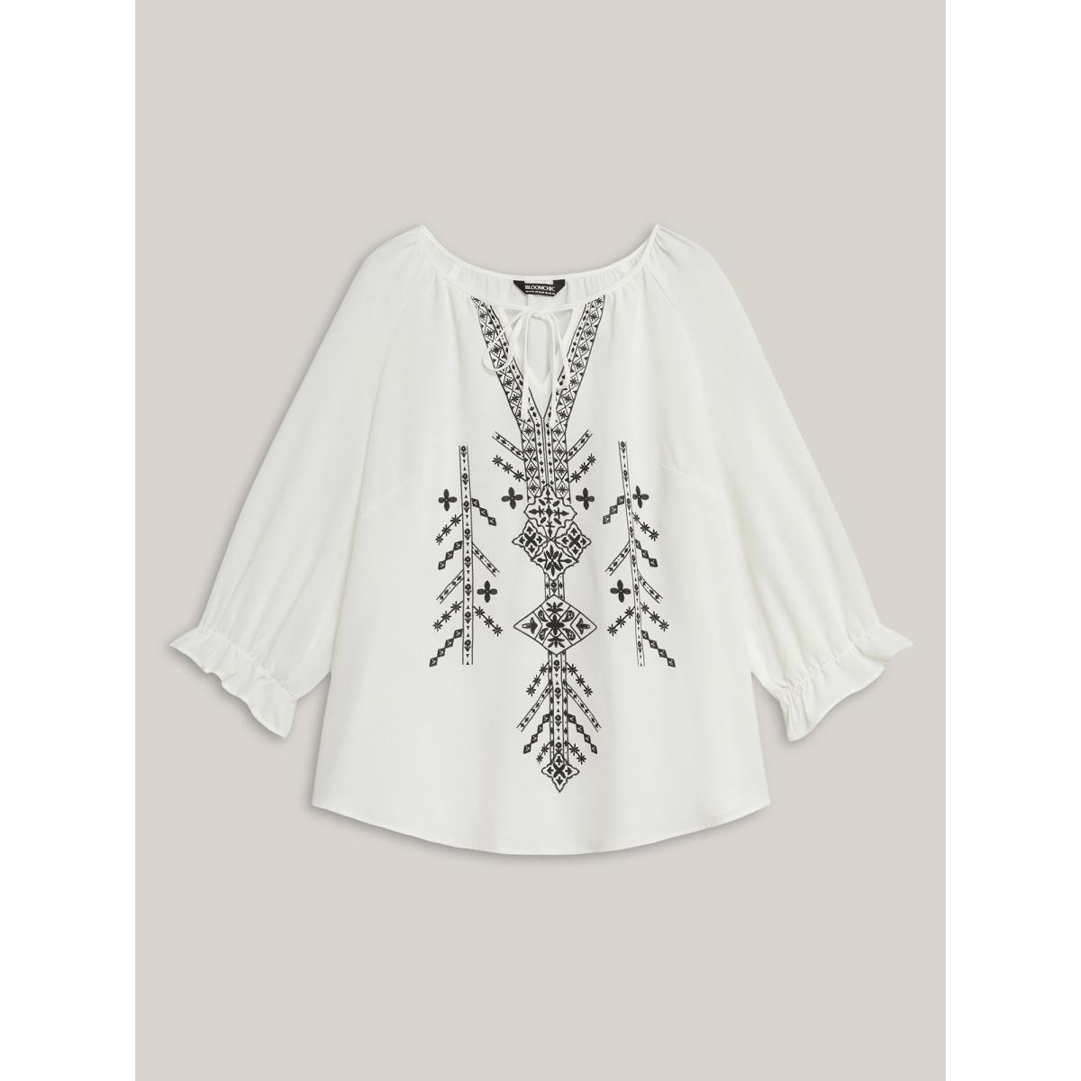 Plus Size Originalwhite Boho Print Neck Tassels Shirt Women Boho Elbow-length sleeve Notched collar Vacation Blouses BloomChic 10/M Product Image