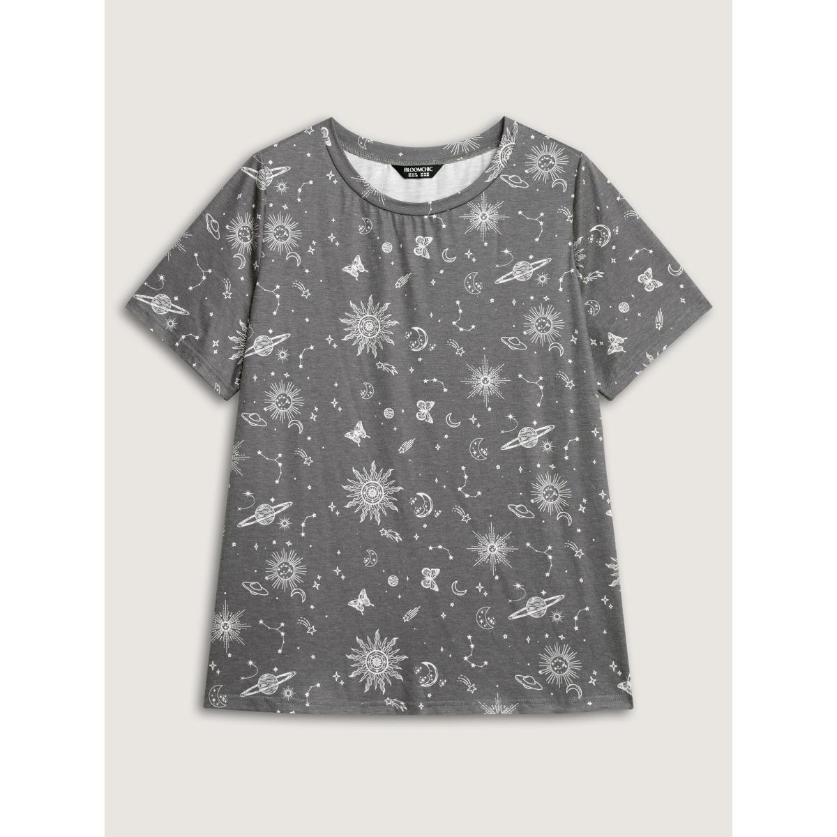 Plus Size Celestial Print Crew Neck T-Shirt DimGray Women Leisure Non Round Neck Casual T-shirts BloomChic 12/L Product Image