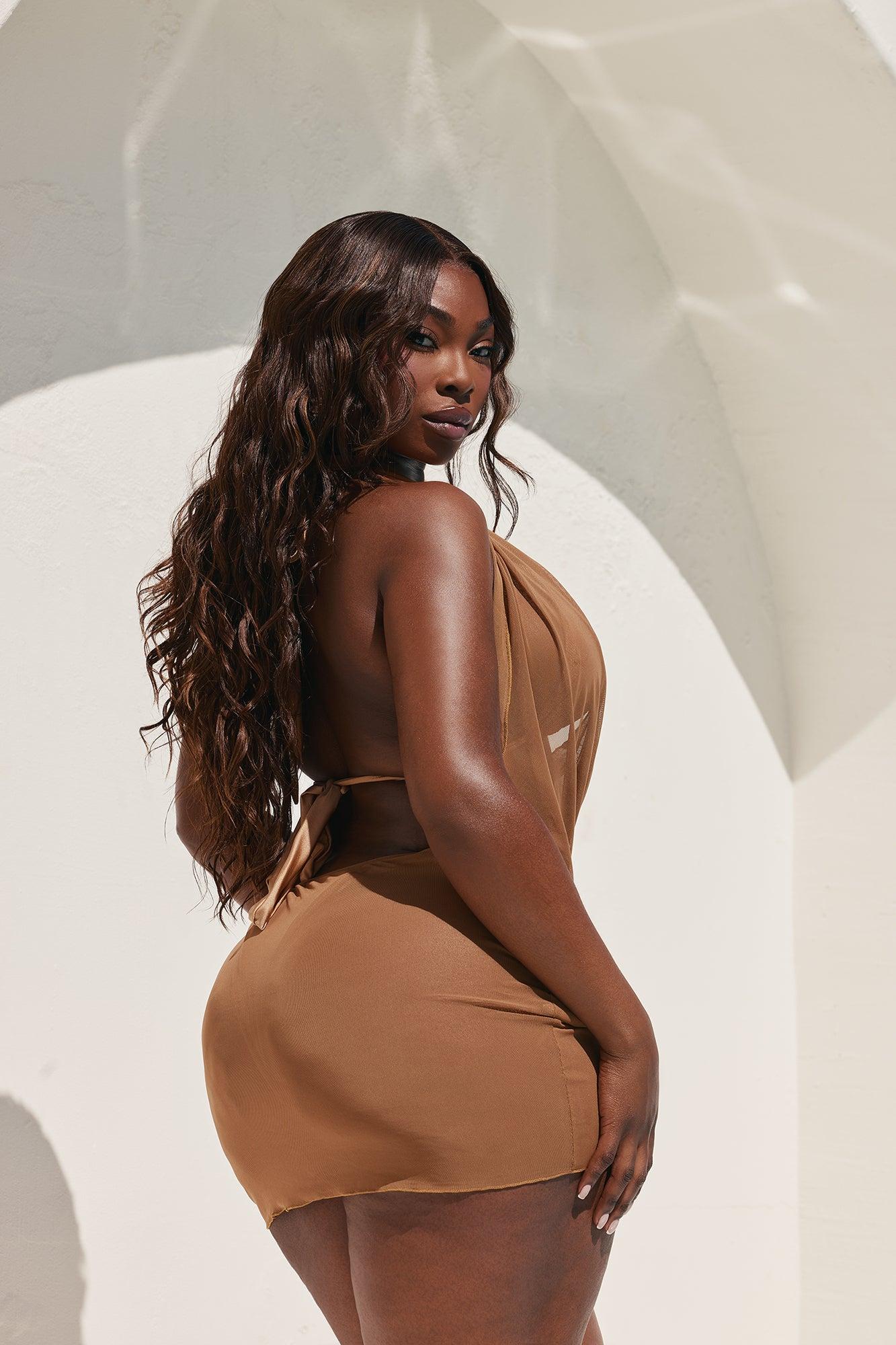 Alyssa Cowl Neck Backless Mesh Cover Up Mini Dress - Mocha Product Image