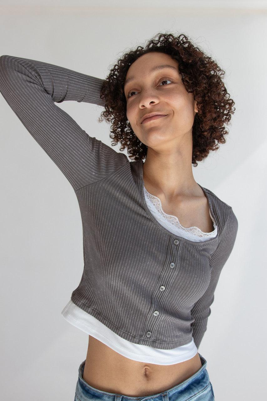 Lace Trim Ribbed Long Sleeve Top Product Image