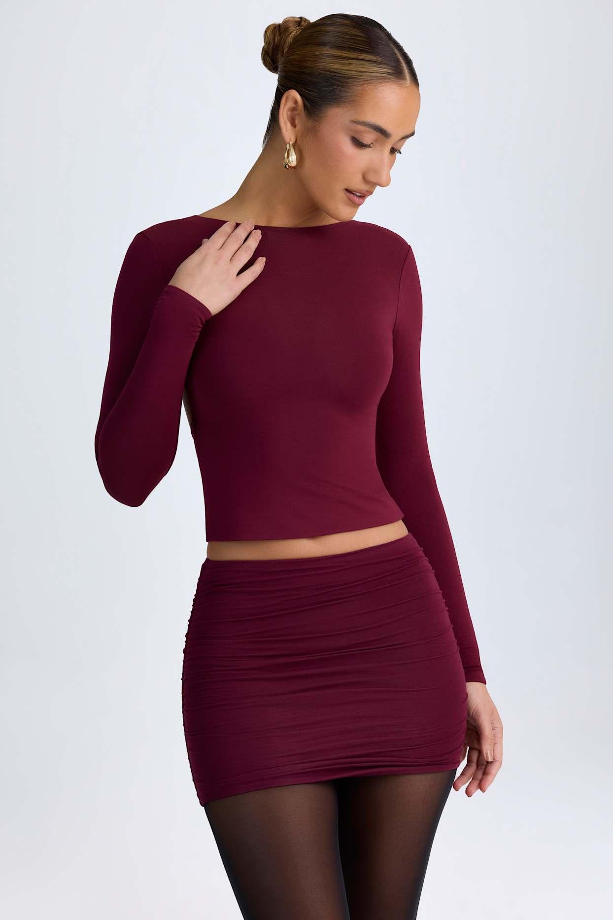 Modal High Neck Long Sleeve Open Back Top in Wine Red Product Image