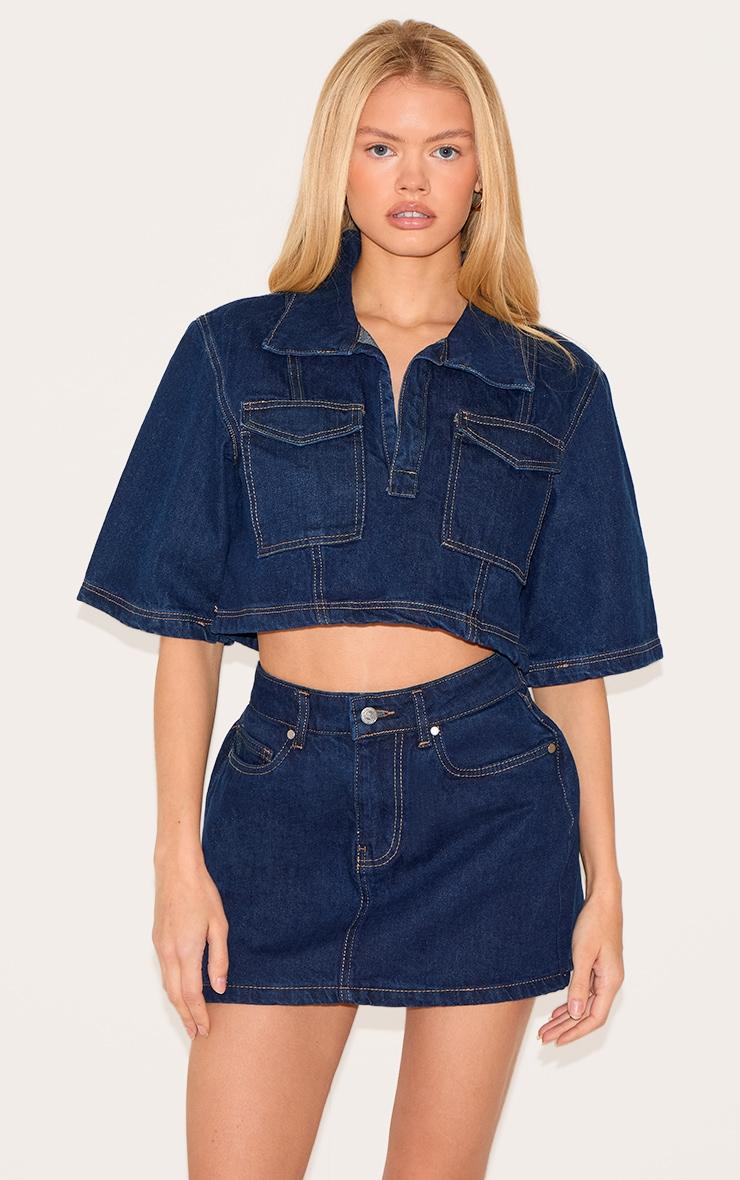 Indigo Contrast Stitch Cropped Denim Shirt Product Image