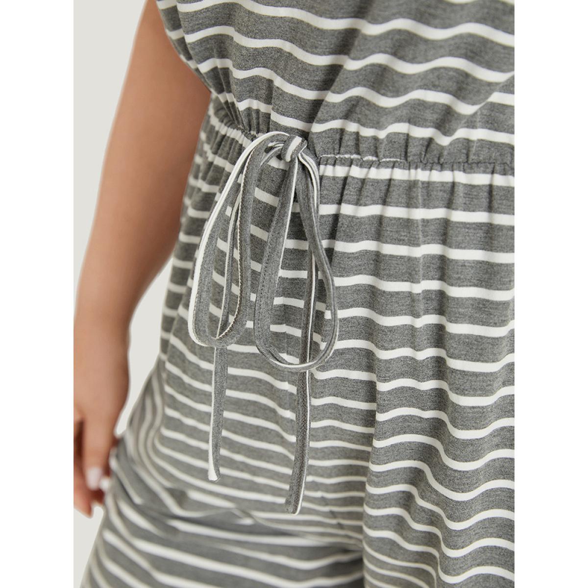 Plus Size DimGray Striped Print Pocket Ties Elastic Waist Jumpsuit Women Casual Short sleeve Round Neck Dailywear Loose Jumpsuits BloomChic 22-24/3X Product Image