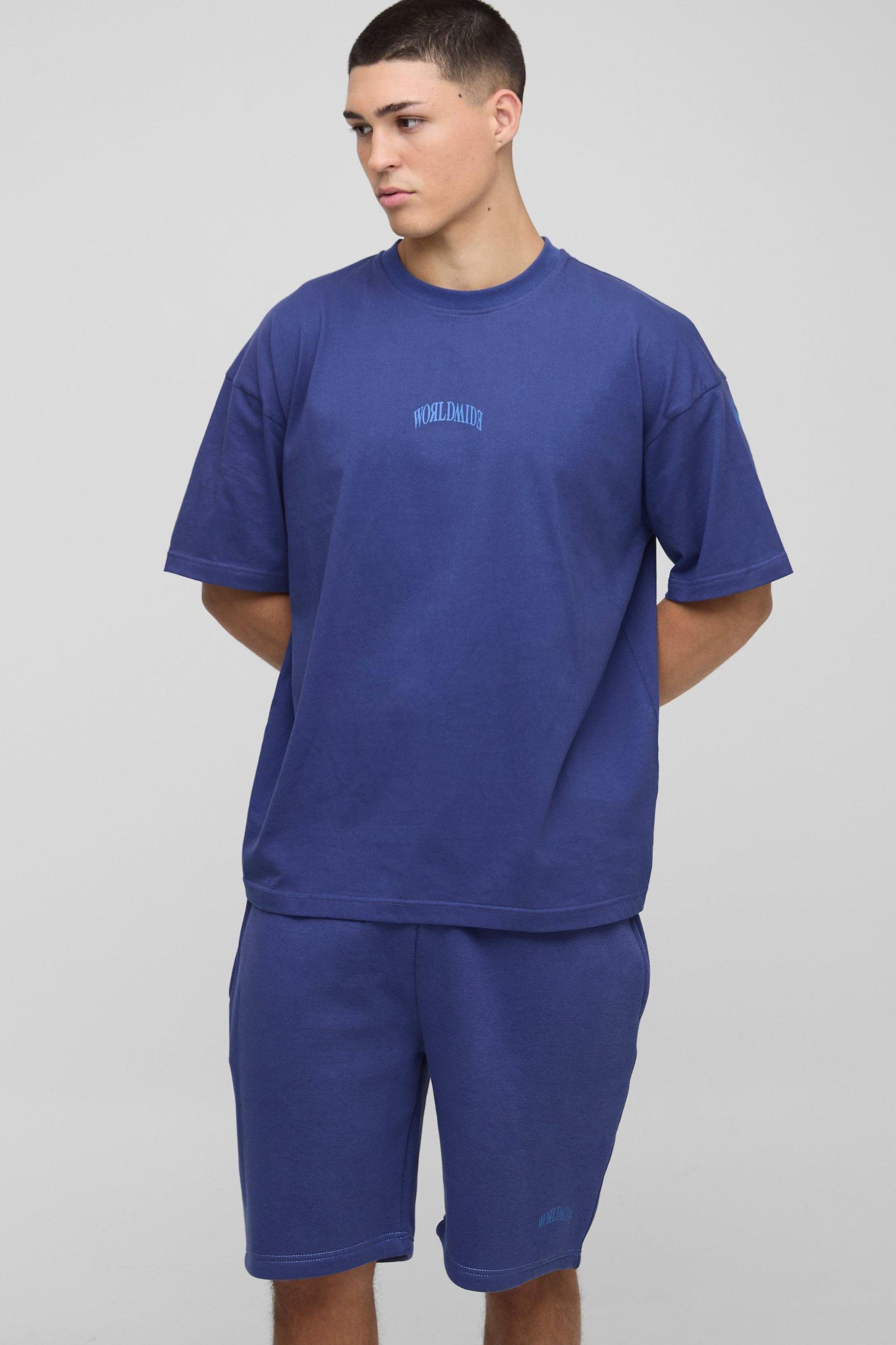 Oversized Worldwide Over Seam Print T-Shirt & Short Set | boohooMAN USA Product Image