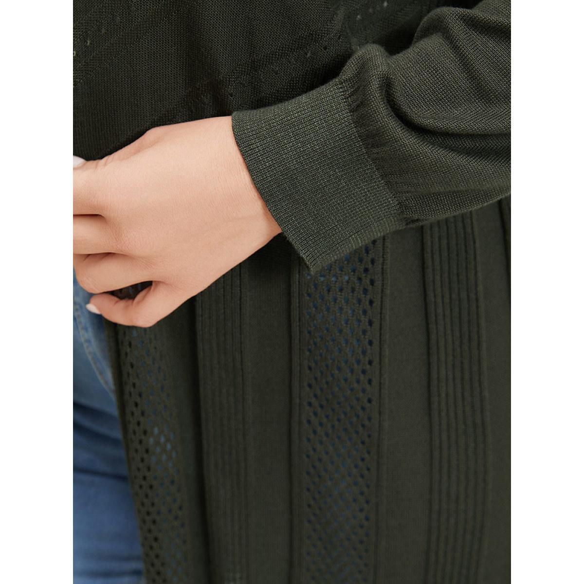 Plus Size Supersoft Essentials Solid Open Front Geo Eyelet Cardigan ArmyGreen Women Casual Loose Long Sleeve Everyday Cardigans BloomChic 12/L Product Image