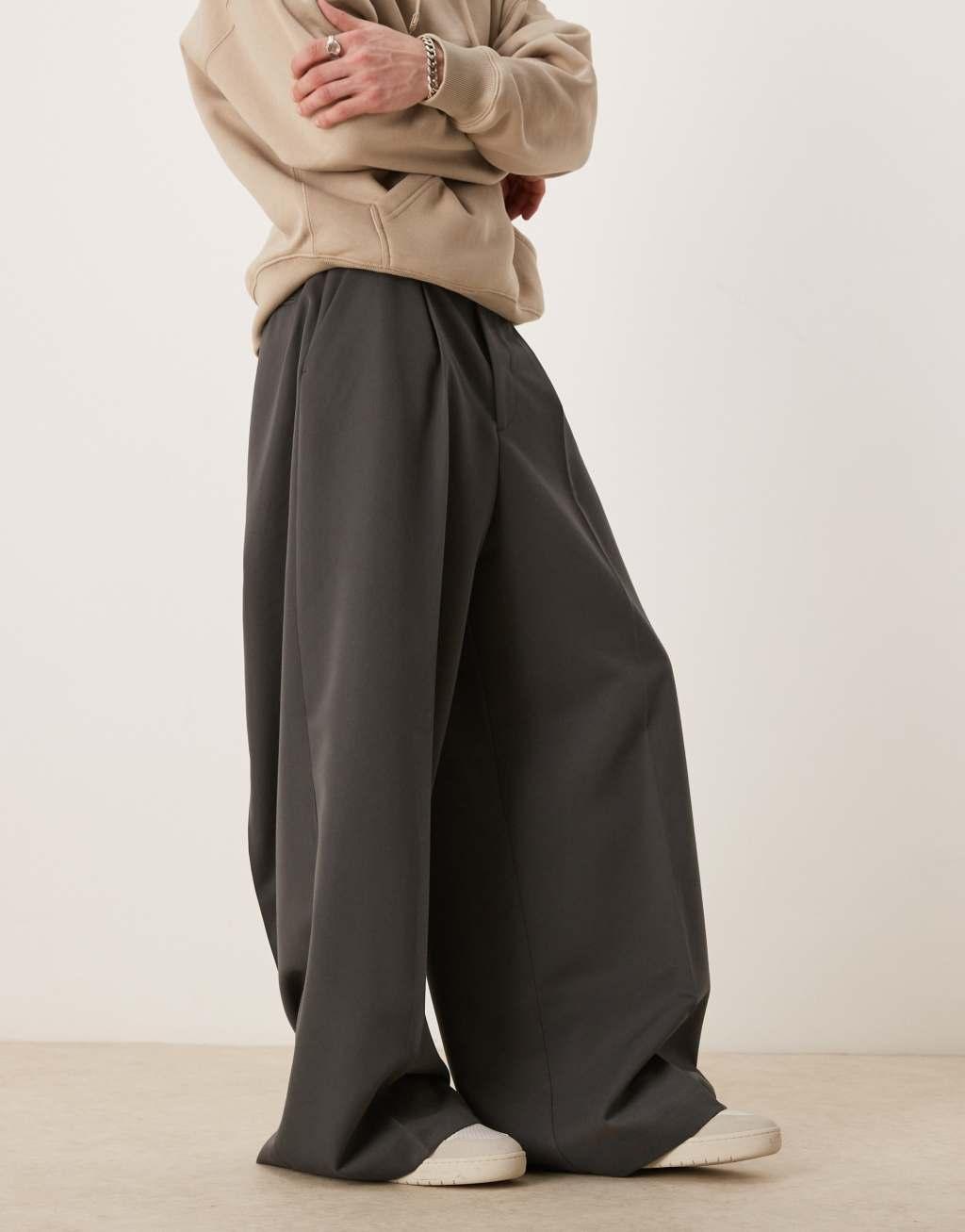 ASOS DESIGN smart extreme wide leg pants with front pleats in charcoal Product Image