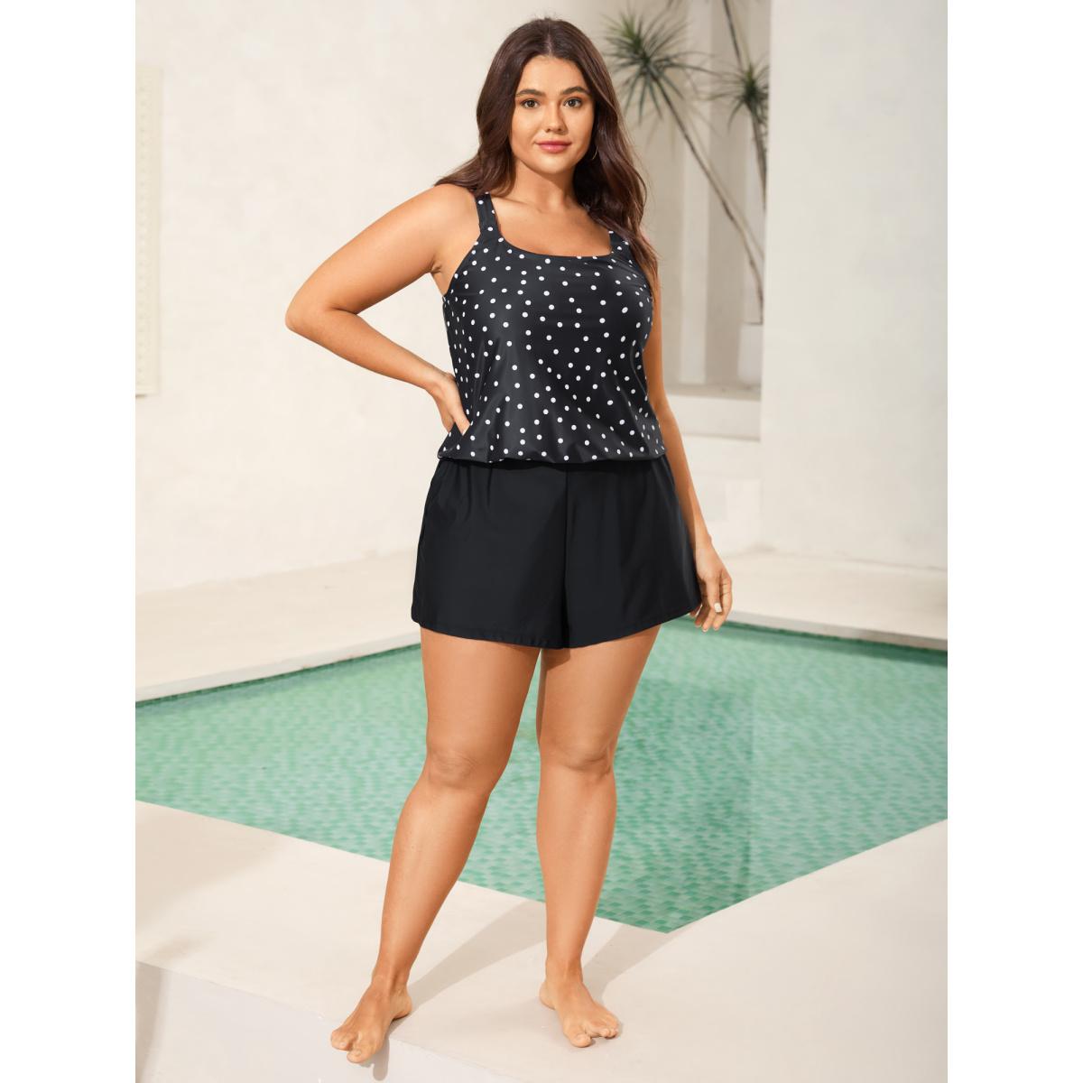 Plus Size Polka Dots Pockets Swim Romper Women's Swimwear Black Beach Contrast Curve Bathing Suits High stretch One Pieces BloomChic 26/4X Product Image
