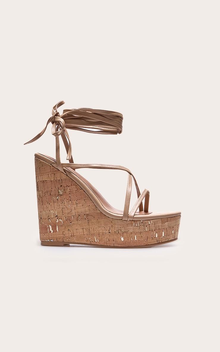 Nude Pu Strappy Lace Up High Heel Cork Wedges Product Image