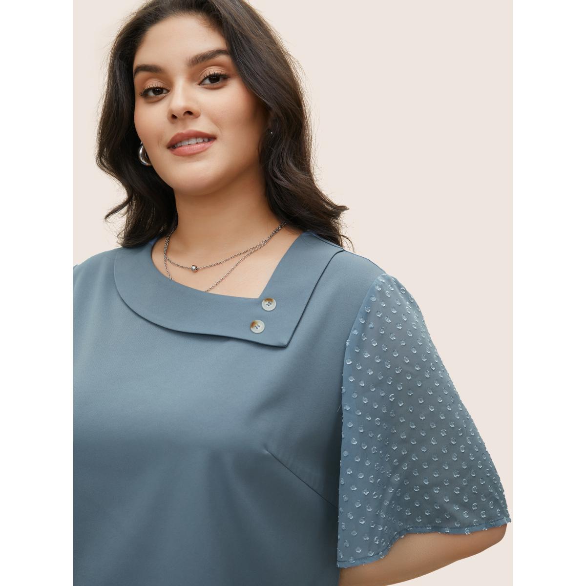 Plus Size Stone Patchwork Chiffon Asymmetrical Neck Button Detail Blouse Women At the Office Half Sleeve Asymmetrical Neck Work Blouses BloomChic 22-24/3X Product Image