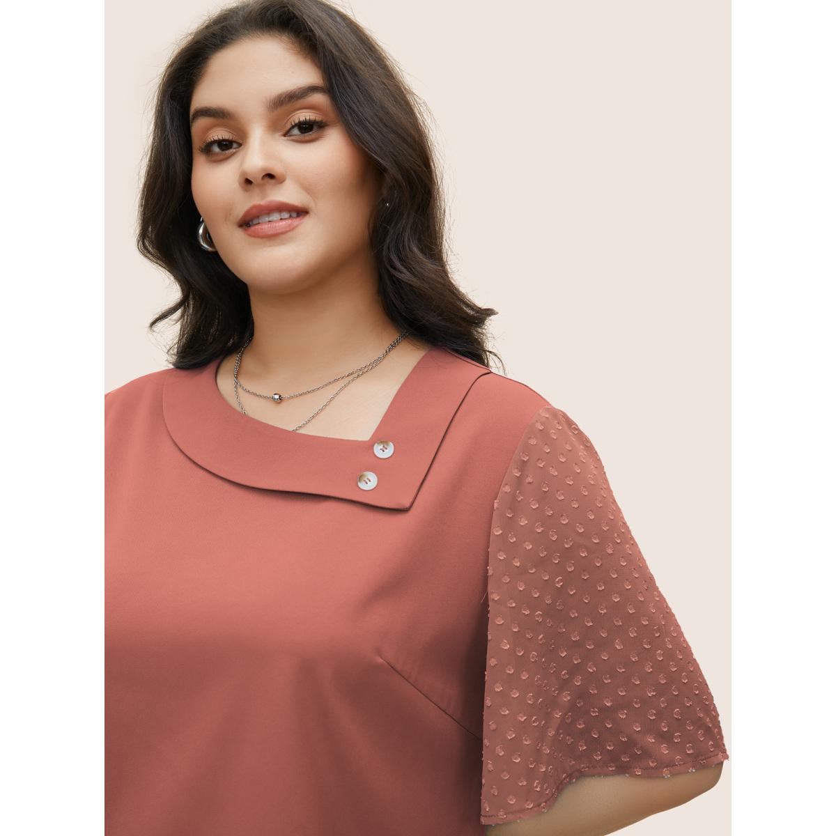 Plus Size DustyPink Patchwork Chiffon Asymmetrical Neck Button Detail Blouse Women At the Office Half Sleeve Asymmetrical Neck Work Blouses BloomChic 26/4X Product Image