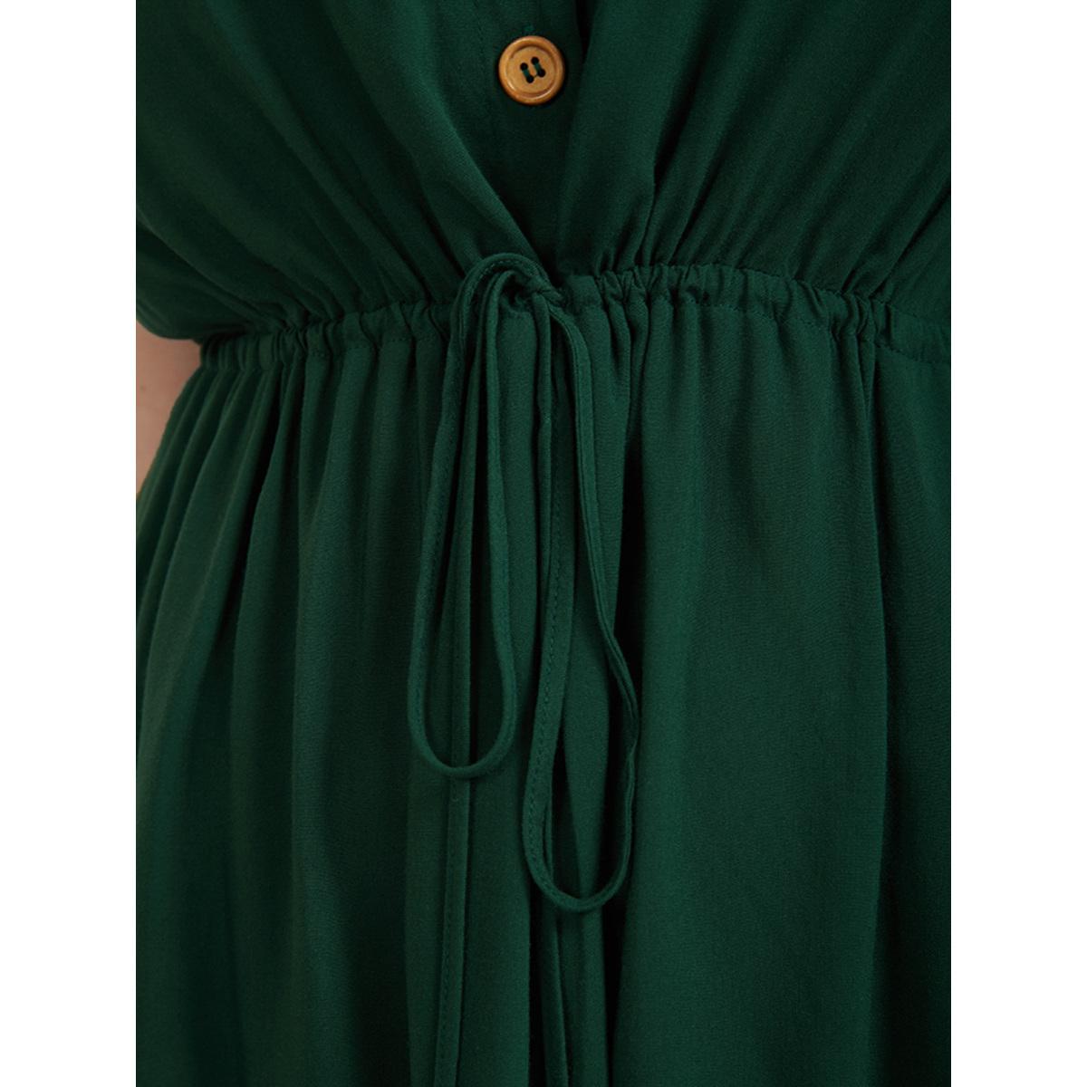 Plus Size Plain Ties Front Button Pocket V Neck Dress DarkGreen Women Office Button V-neck Sleeveless Curvy Knee Dress BloomChic 18-20/2X Product Image