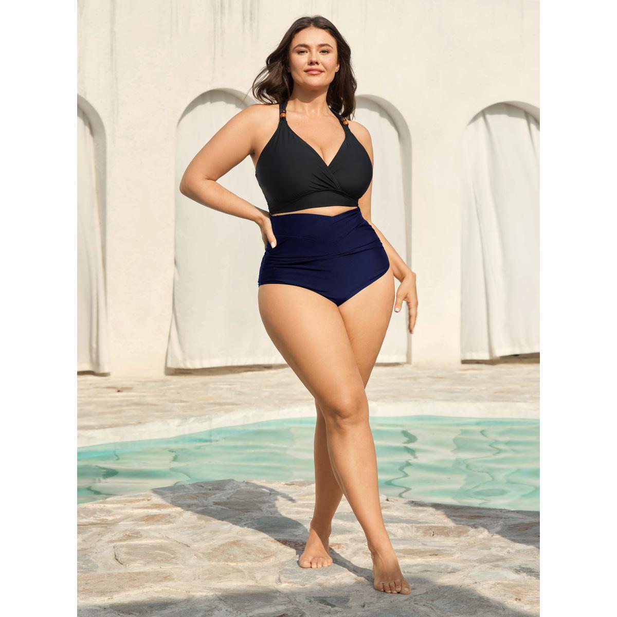 Plus Size Cross High Waist Ruched Swim Bottoms Women's Swimwear Indigo Resort Overlapping High stretch Skinny High Rise Curve Swim Bottoms BloomChic 26/4X Product Image