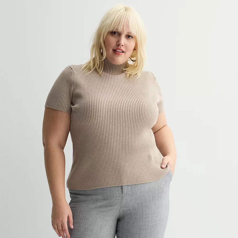 Plus Size Nine West Ribbed Mockneck Short Sleeve Top, Women's, Size: 0X, Medium Beige Product Image