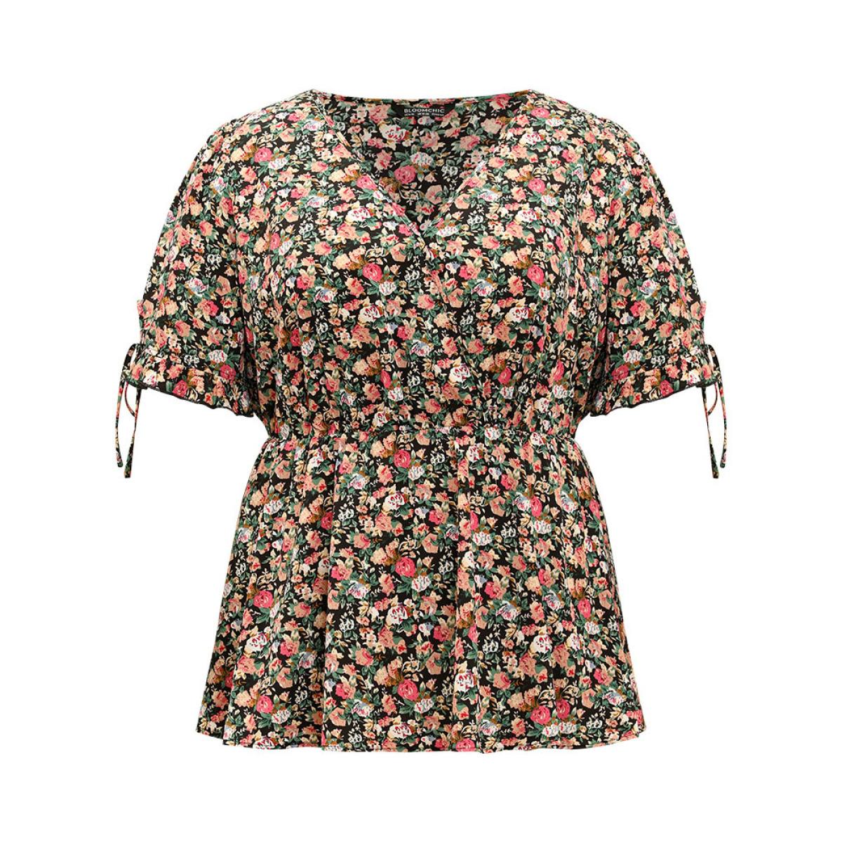 Plus Size Black Ditsy Floral Wrap Ties Gathered Ruffle Hem Blouse Women Elegant Short sleeve V-neck Dailywear Blouses BloomChic 18-20/2X Product Image