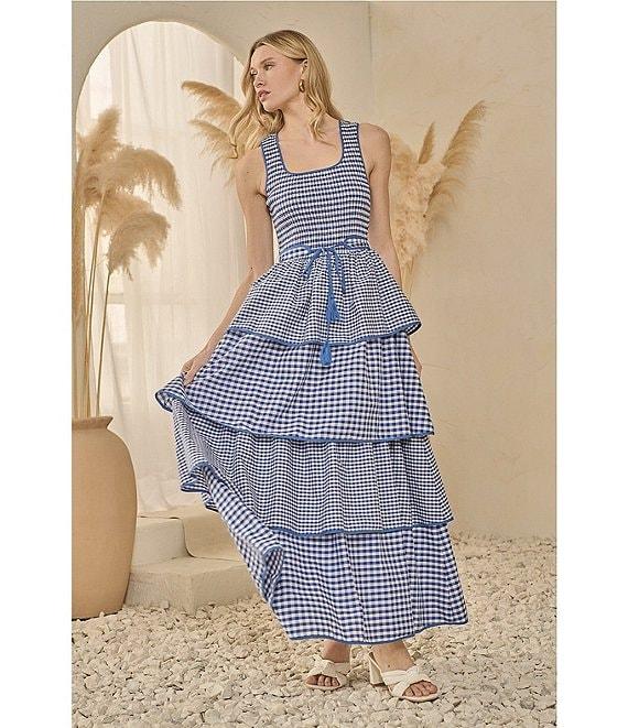 Sugarlips Vanna Checker Sally Scoop Neck Gingham Print Smocked Tassel Belt Tiered Ruffle Maxi Dress Product Image