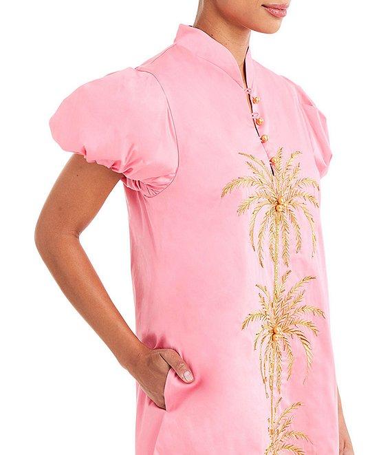 Mestiza New York Elliana Poplin Palm Tree Embroidery Mandarian Collar Short Puff Sleeve Dress Product Image