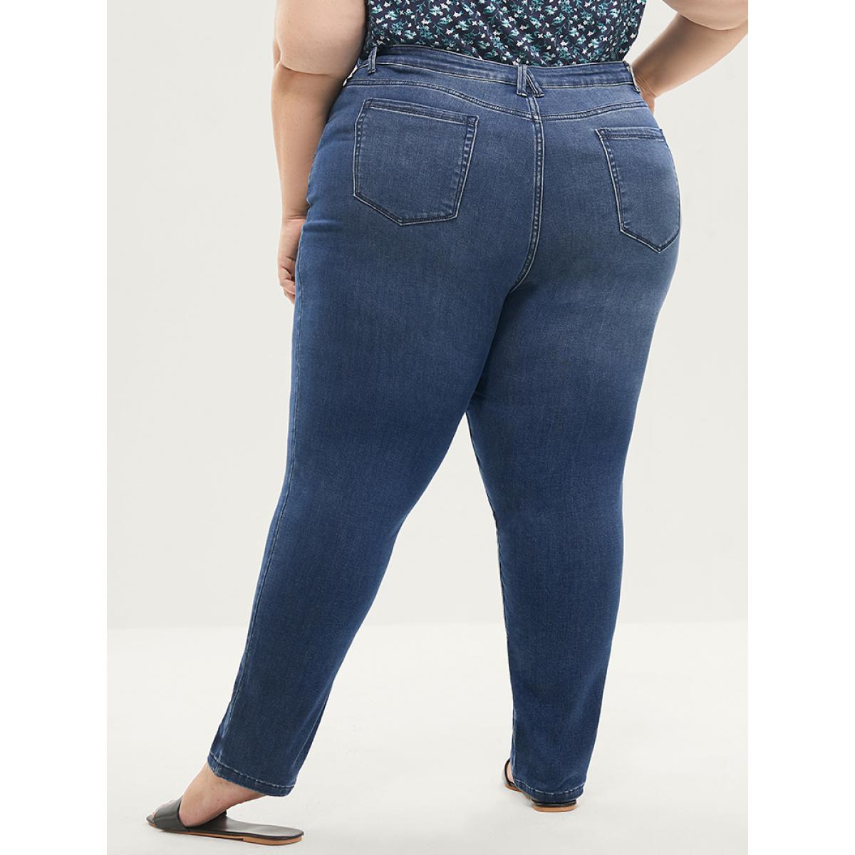 Plus Size Skinny Extremely Stretchy High Rise Medium Wash Sculpt Waist Jeans Women Blue Casual Plain Tummy control Super stretch Slanted pocket Jeans BloomChic 24/3X Product Image