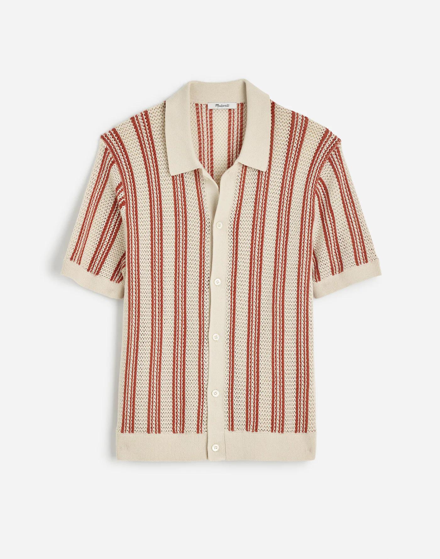 Open-Stitch Button-Up Sweater Polo Product Image