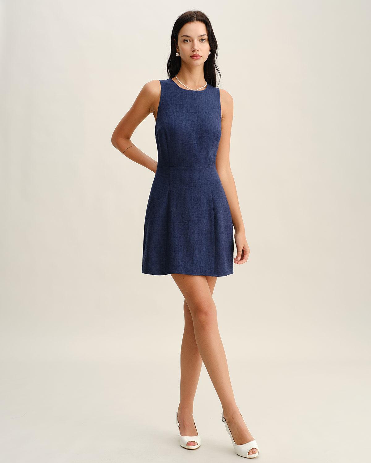 Blue Round Neck Zipper Sleeveless Mini Dress Product Image