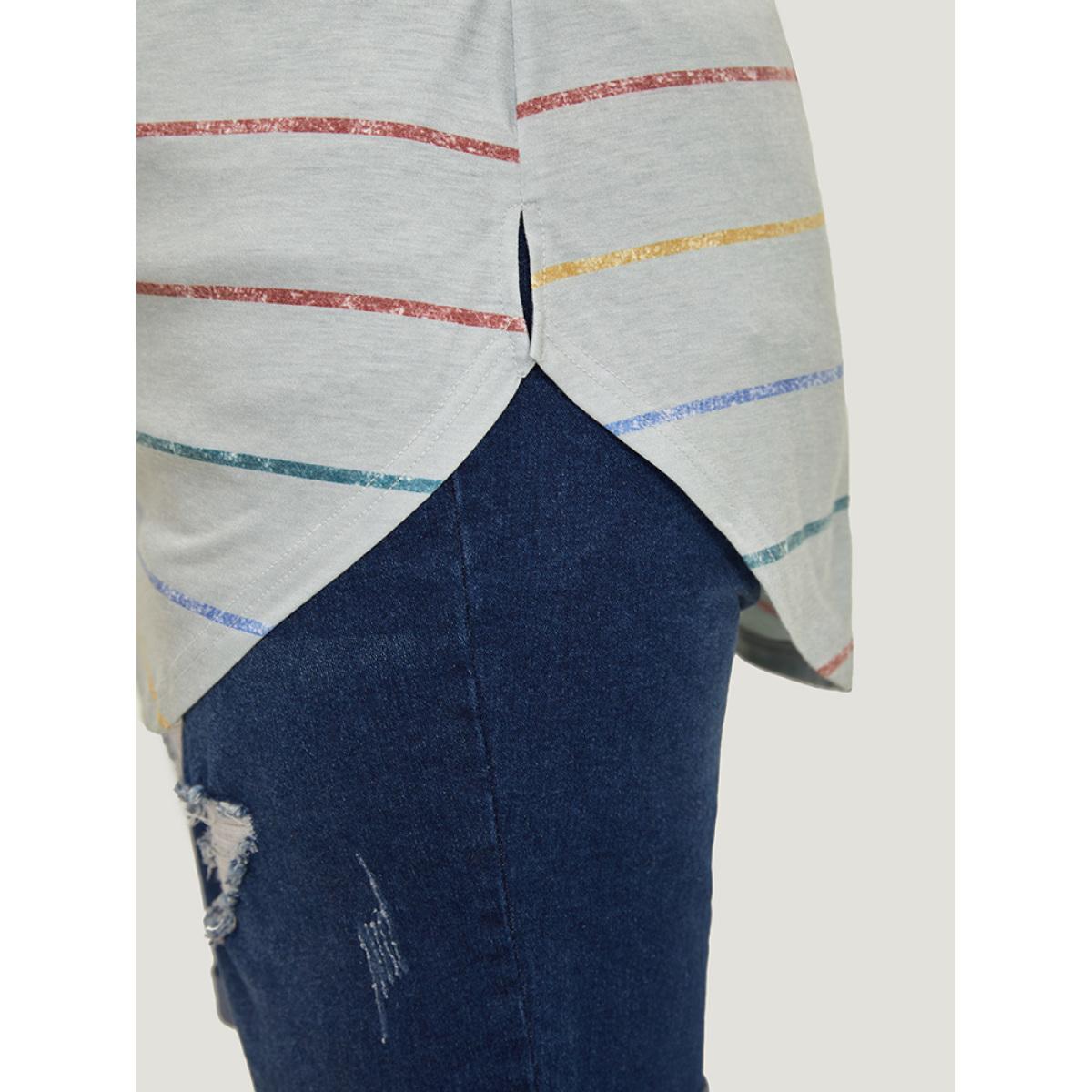 Plus Size Rainbow Striped Arc Hem T-shirt Gray Women Casual Contrast Striped Round Neck Dailywear T-shirts BloomChic 28/5X Product Image