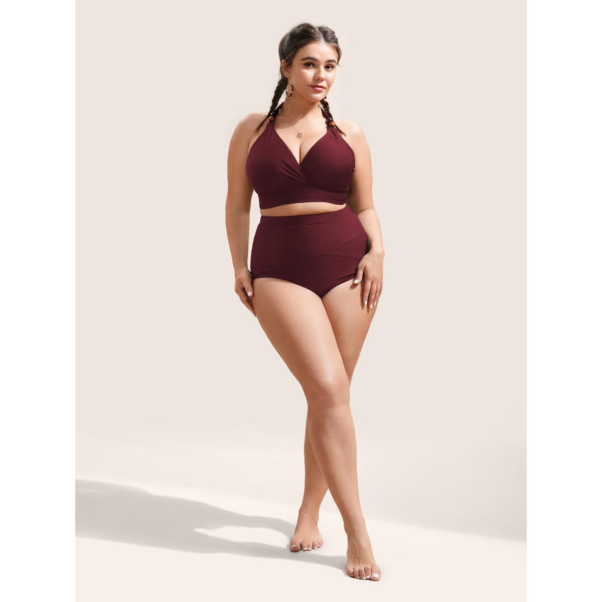 Plus Size Plain V Neck High Stretch Tie Knot Swim Top Women's Swimwear Deepred Resort Tie knot High stretch Skinny Overlap Collar Curve Swim Tops BloomChic 30/6X Product Image