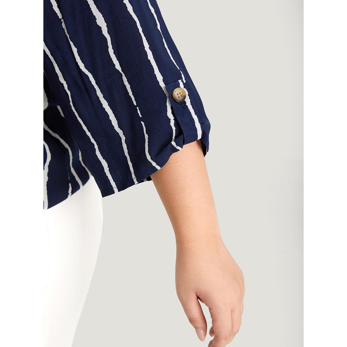 Plus Size Multicolor Striped Notched Three Quater Length Sleeve Blouse Women Office Elbow-length sleeve Notched collar Office Blouses BloomChic 18-20/2X Product Image