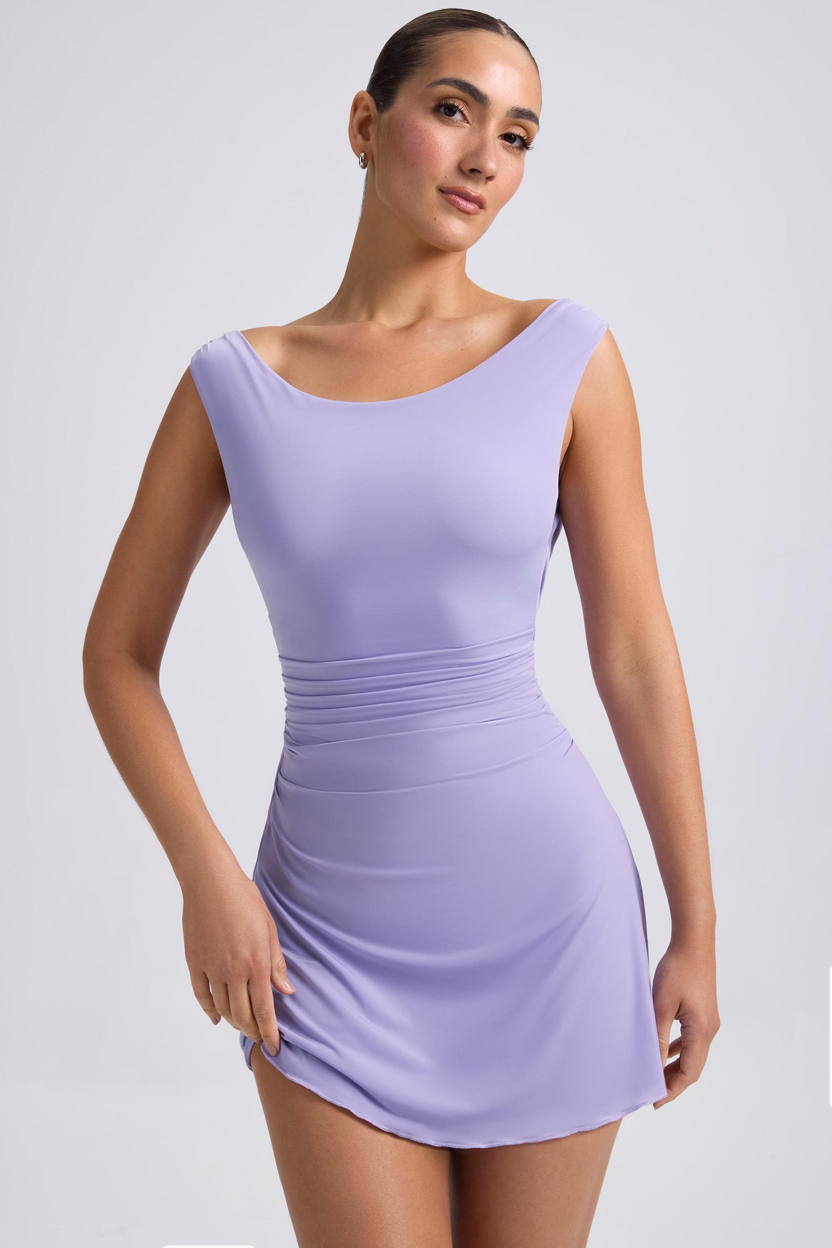 Off-Shoulder Cowl-Back A-Line Mini Dress in Dusty Lilac Product Image