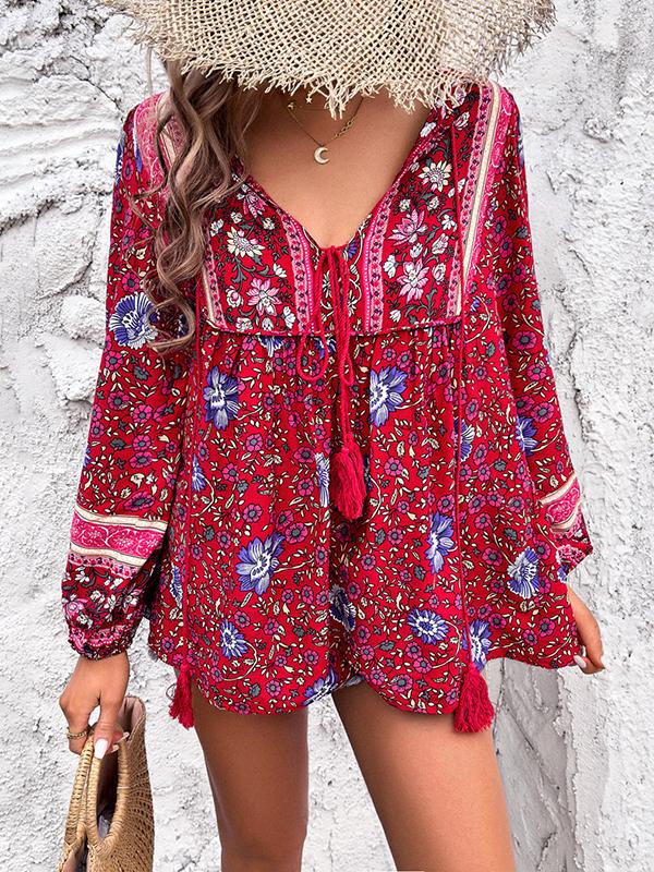 Long Sleeves Loose Contrast Color Elasticity Pleated Split-Joint Tied V-Neck Blouses&Shirts Tops Product Image