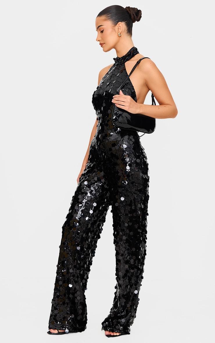 Black Sequin Halterneck Straight Leg Jumpsuit Product Image