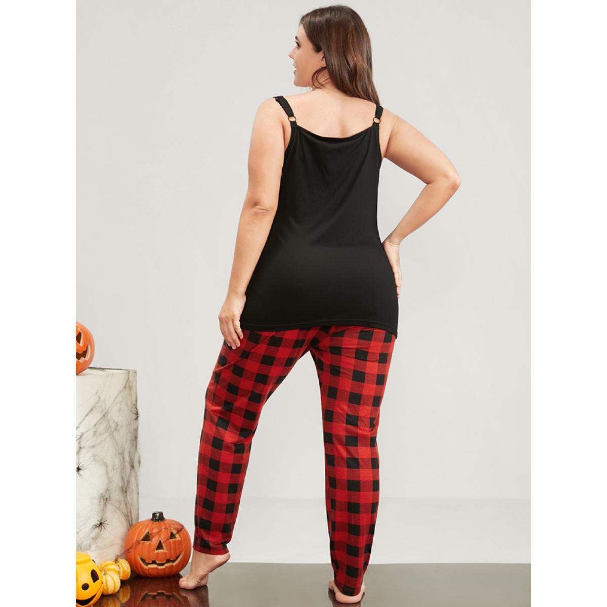 Plus Size Halloween Print Tartan Lounge Set Women Black Graphic-Halloween Printed Sleeveless Spaghetti Strap Casual Loungewear Sets BloomChic 30/6X Product Image