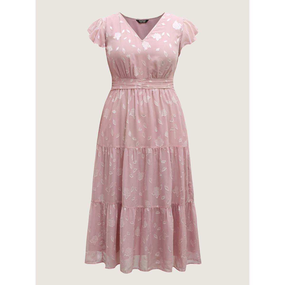 Plus Size Sweet Petals Pleated Waist Tiered Midi Dress Beanpastepowder Women V-neck Cap Sleeve Curvy BloomChic 22-24/3X Product Image