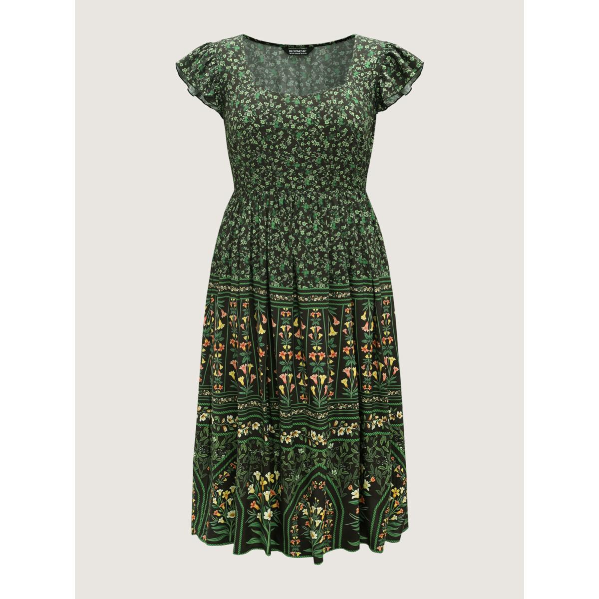 Plus Size Rayon Garden Fresh Ruffled Sleeve Midi Dress DarkGreen Women Resort Heart neckline Cap Sleeve Curvy BloomChic 10/M Product Image