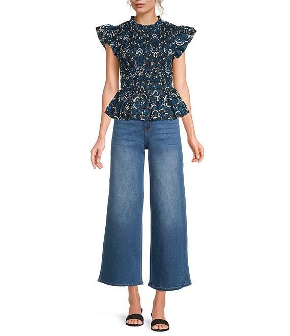 Sugarlips Etta Floral Print Mock Neckline Short Sleeve Smocked Peplum Top Product Image