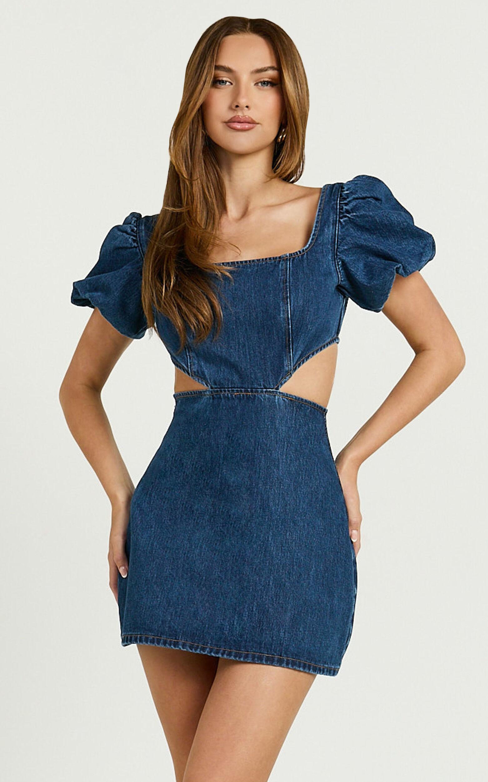 Freya Mini Dress - Denim Cut Out Puff Sleeve Mini Dress in Mid Blue Wash Product Image