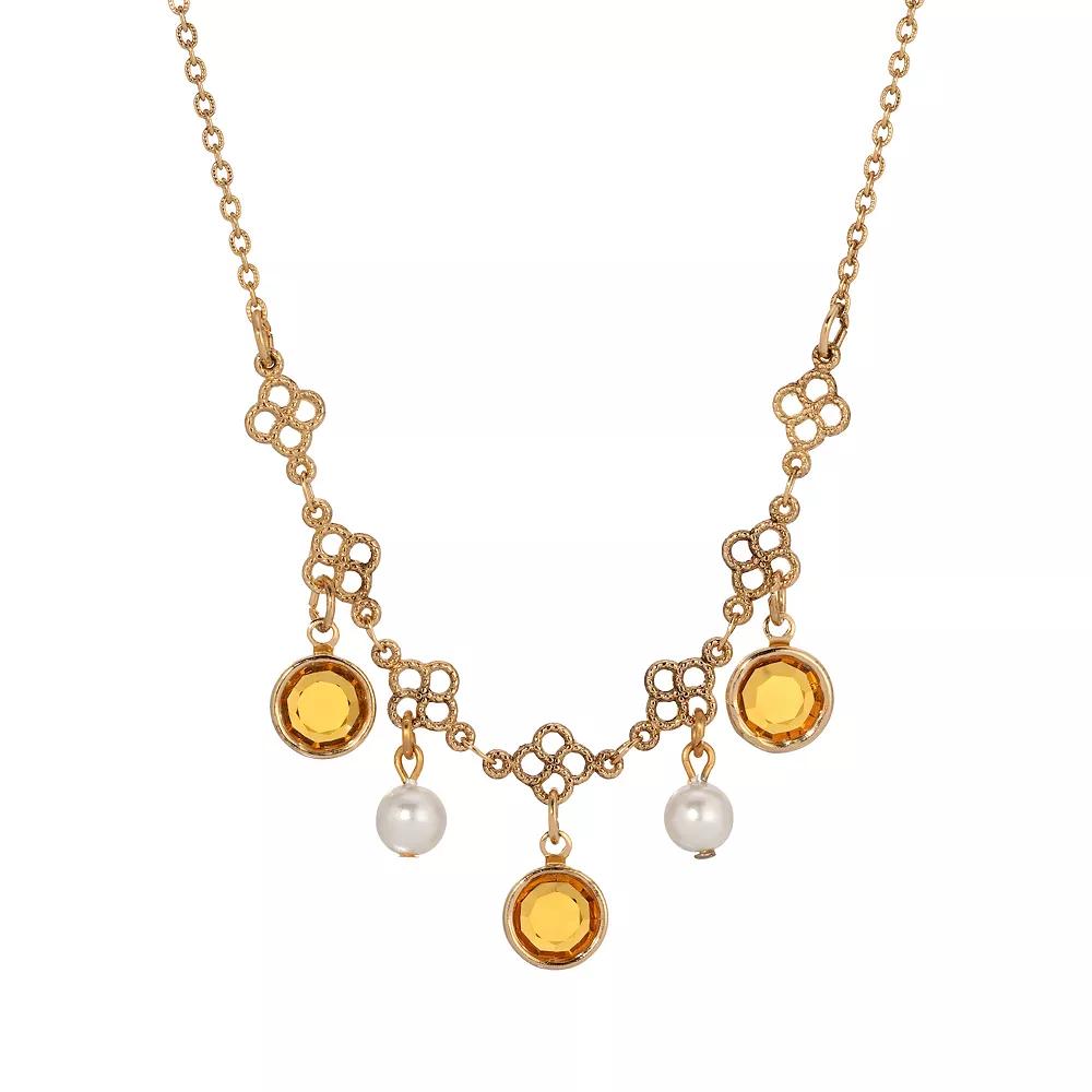 1928 Gold Tone Filigree Crystal & Simulated Pearl Collar Necklace, Womens, Beige Product Image